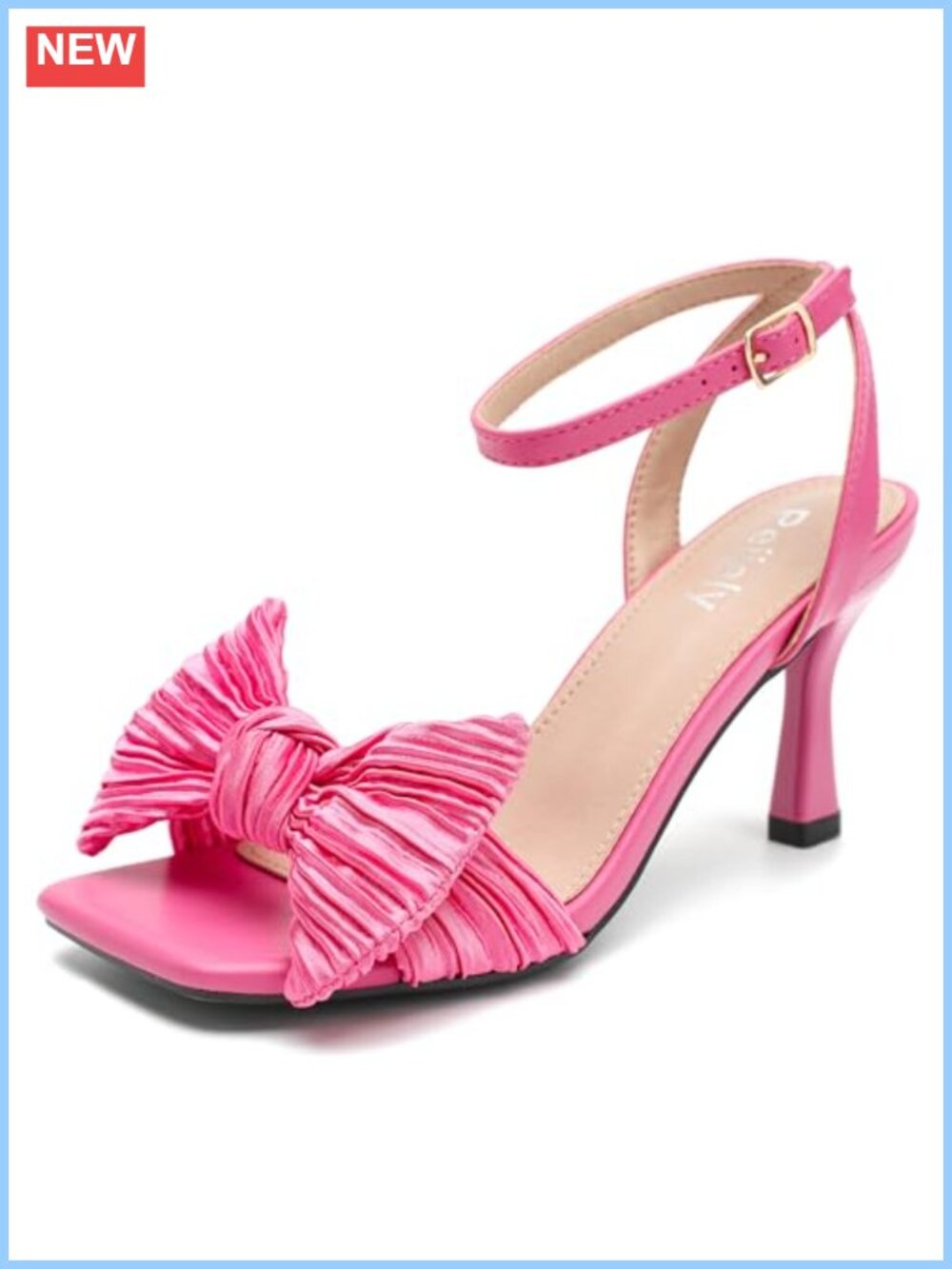 Womens Bow Knot Heeled Sandal Pleated Ankle Strap Square Toe Kitten Heel